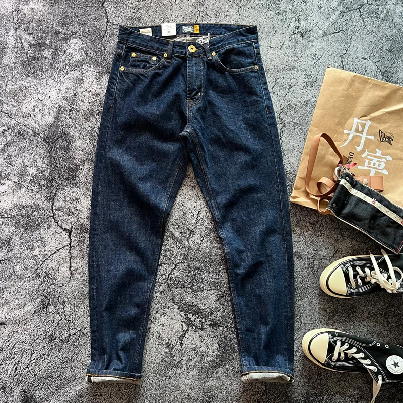 

14oz High Quality 100% Cotton One Wash Raw Deep Blue Denim Jeans for Men Red Selvedge Slim Straight Pants Vintage y2k Youth Male