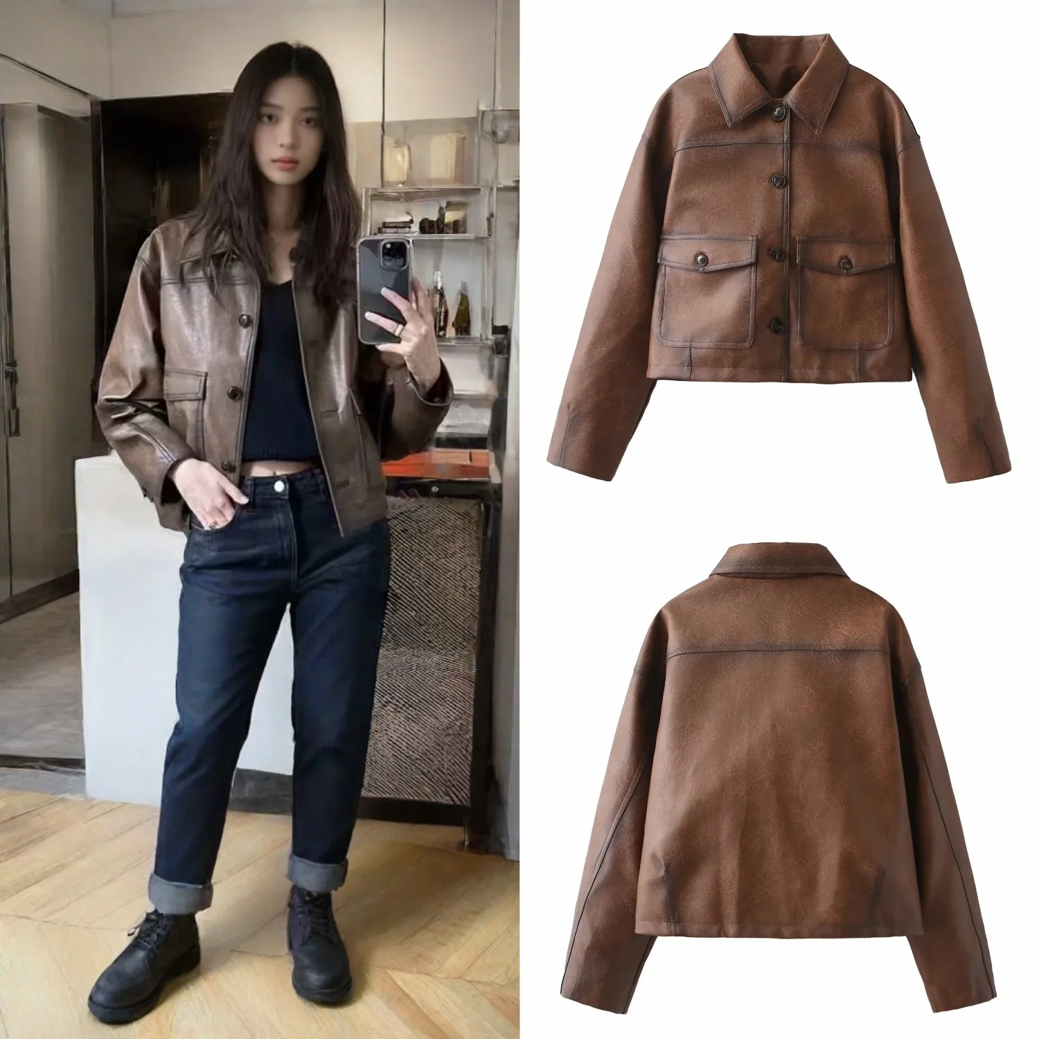 

New Autumn Winter Womens PU Motorcycle Jacket Fashionable Casual Retro Coat Simple and Exquisite Casual Loose Chic Jackets