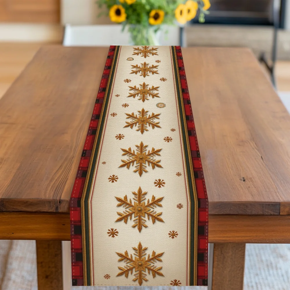 1 x Weihnachts-Tischläufer, rot kariert mit goldenem Schneeflocken-Design, weiße Winterurlaubsdekoration, perfekt zum Essen