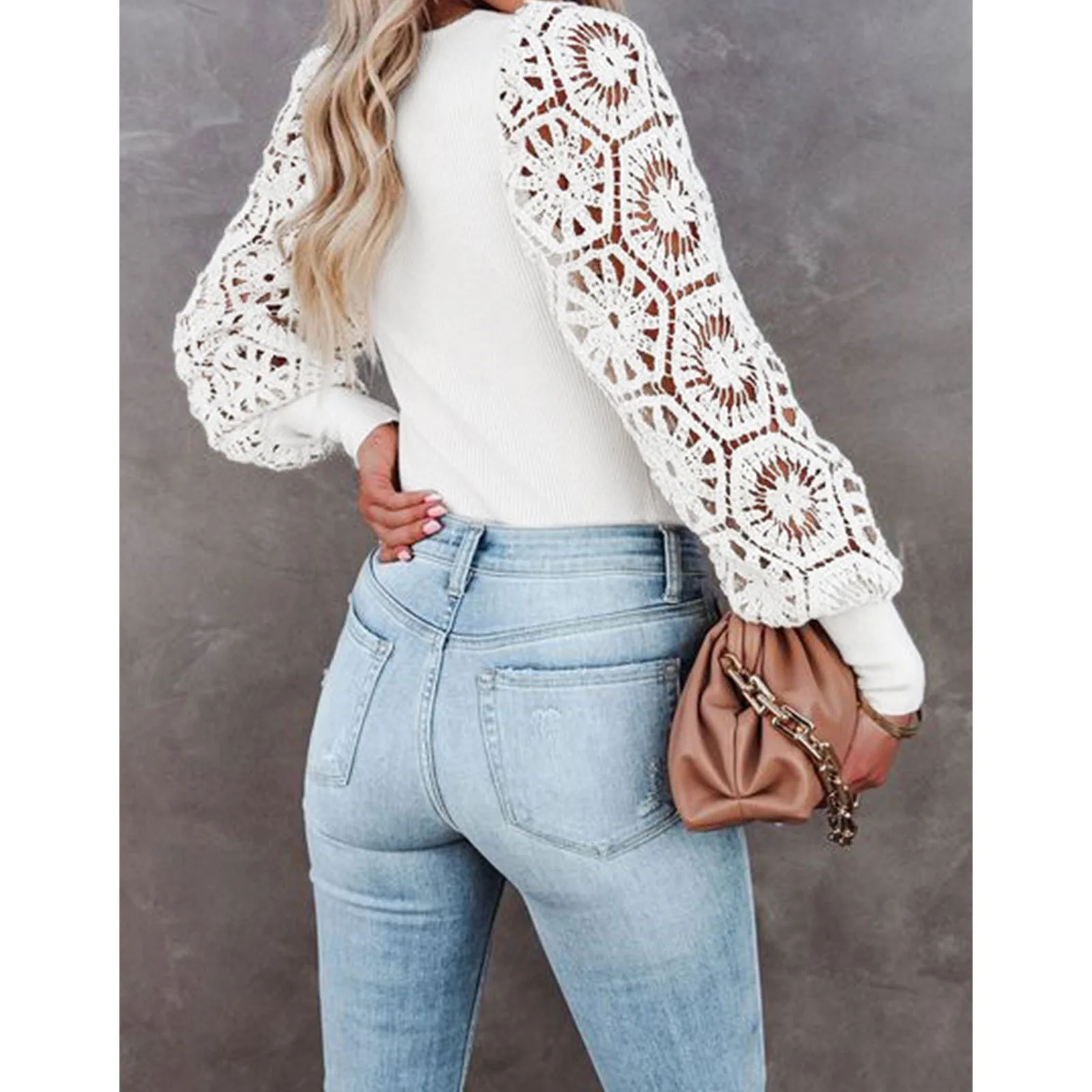 Female Knitted Top Spring Autumn Women\'s Long Sleeve Tops Knitted Sweater Hollowed Out Lace Pullover Loose Solid Color Sweater