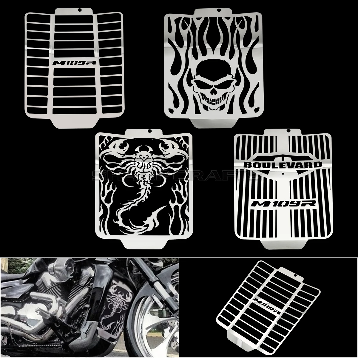

Для Suzuki Boulevard M109R VZR1800 2006-2023 мотоцикла Скорпион Череп Пламя Стиль Хромированная крутая решетка радиатора Крышка Защита