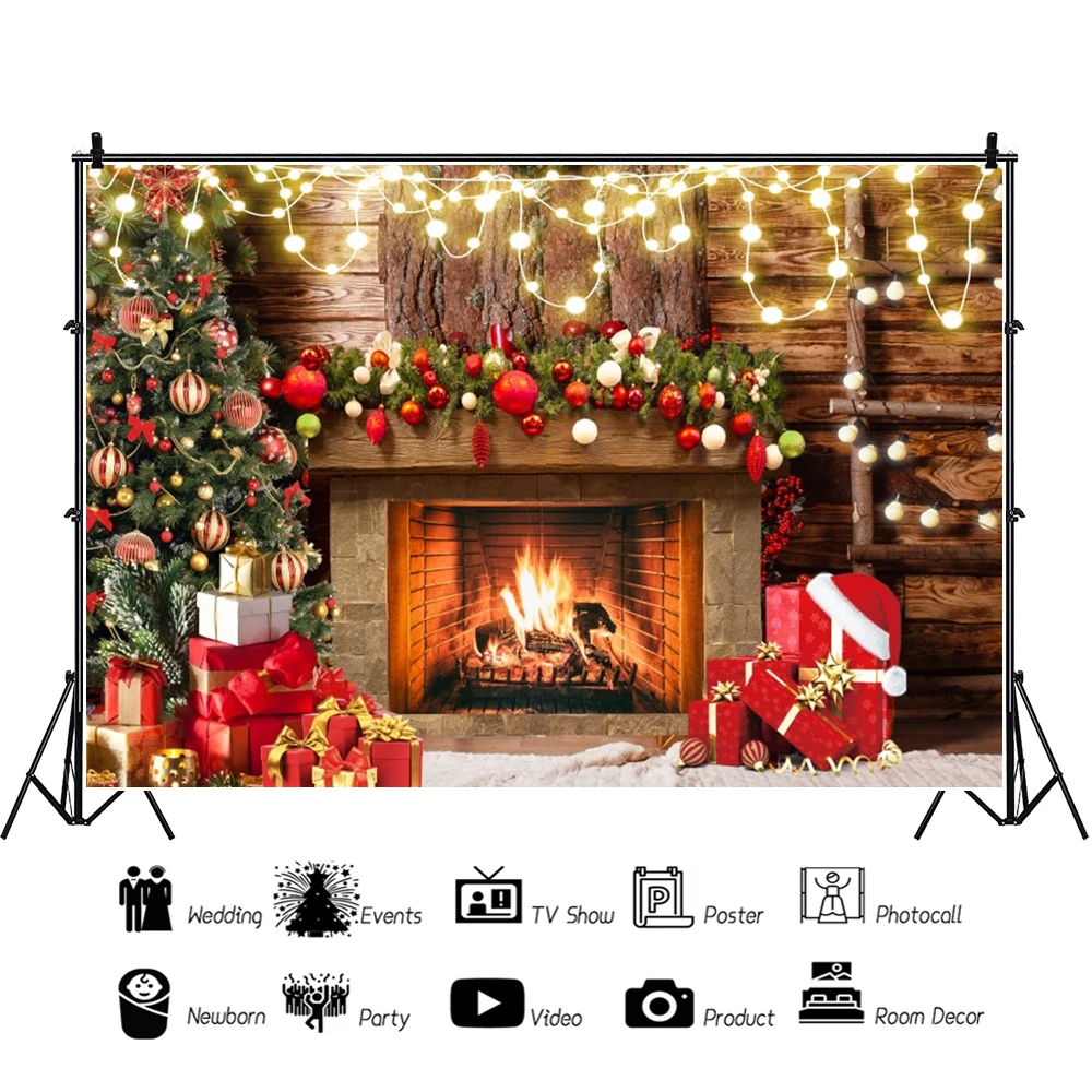 Christmas Fireplace Theme Backdrop for Photography Tree Sock Gift Decorations for Xmas Party Banner Decor Photo Background