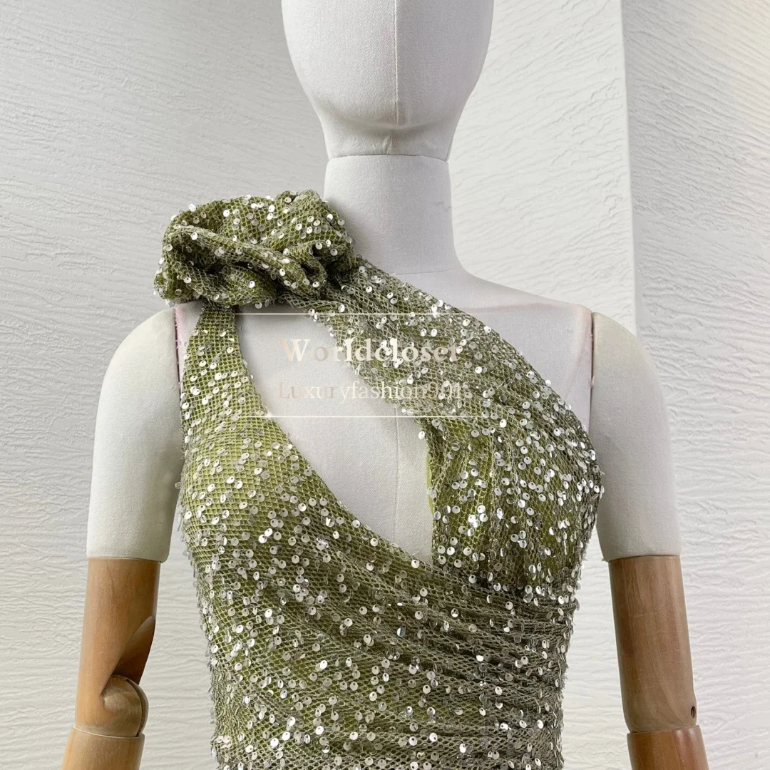 Green Sleeveless Sequins Cut Out Flowers Appliqued Dress Women 2025 Summer