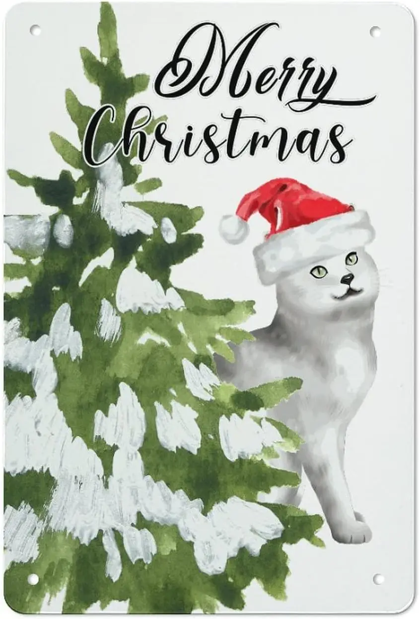 Christmas Meowy Christmas Cat with Red Hat Tin Signs Snowman Lover Metal Tin Sign Christmas Greeting Wall Art Sign Bathroom Door