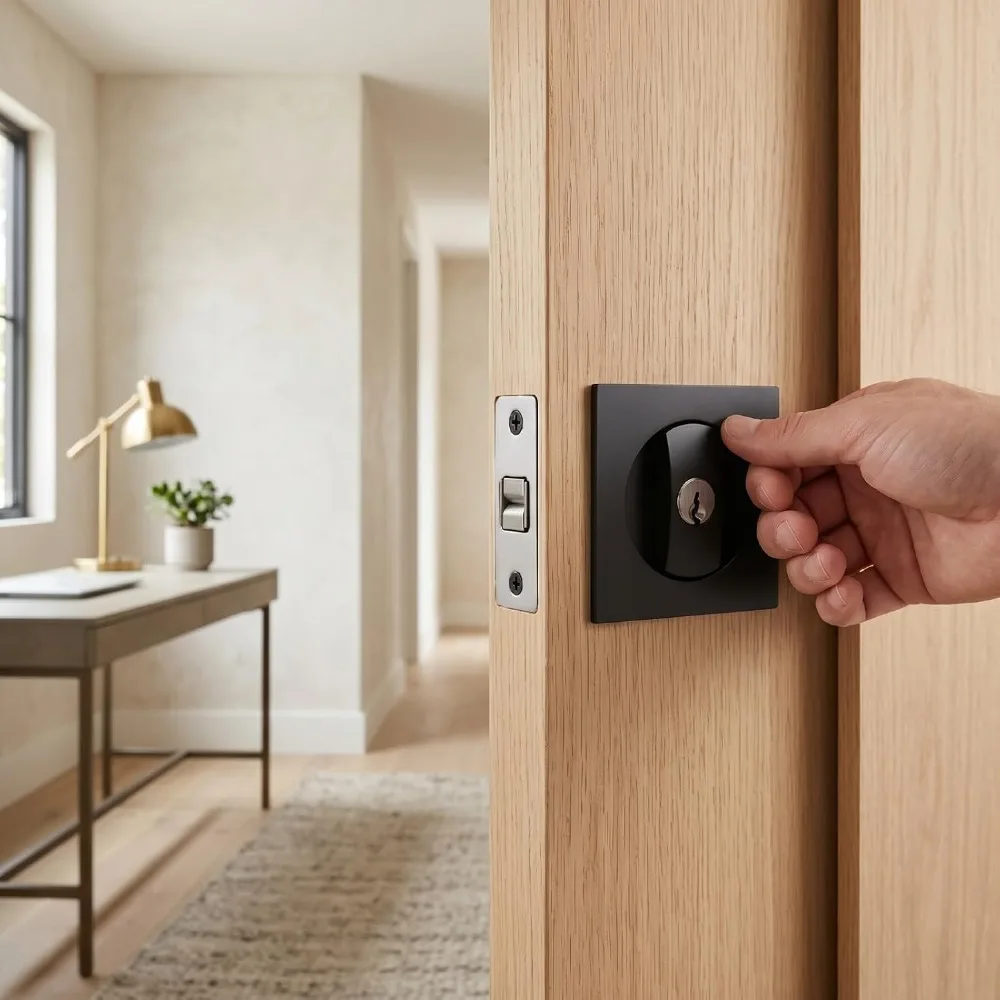 1 set Stainless Steel Pocket Door Lock With Key Matte Black Finish Privacy Entry Lock Rust Resistant Door Latch Kit Kitchen Use