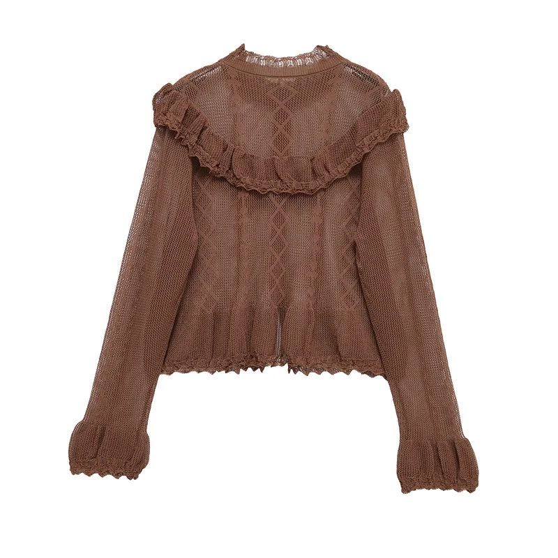 

2025 Autumn Winter Women Chocolate Brown Long Sleeve High Neck Lace Trim Jacket Casual Outerwear Knitted Cardigan Coat