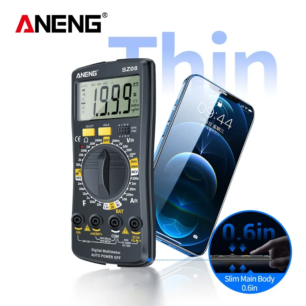 Aneng sz08 multimetro multímetro digital profesional voltimetro ultra-fino armazenamento profissional multimetro voltímetro automático ac dc 220v