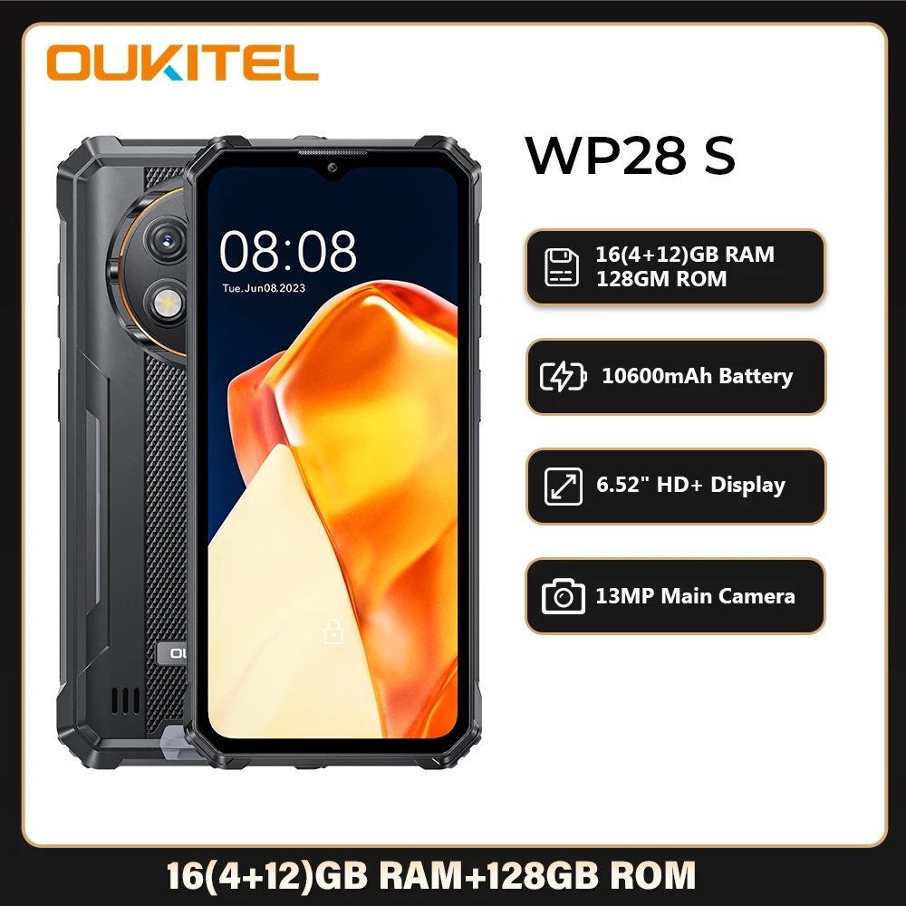 頑丈なOukitel-WP28 sスマートフォン,6.52インチHD, 10600mah,16GB, 4 GB, 12 GB, 128GB, Android 14, 13MPカメラ