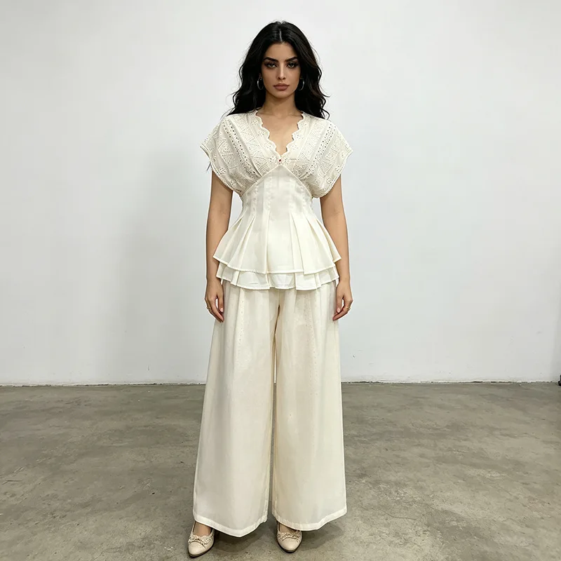 

EDGLuLu French Elegant Two-Piece Set 2026 New Fashion Hollowed Out Lace Lace Patchwork Ruffle Top+Loose Straight Leg Pants 0515