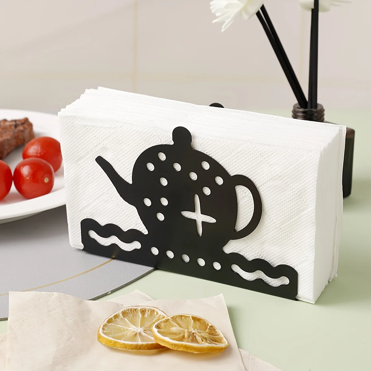 CIFBUY Creative Black Teapot Whale Shape Tissue Holder Hollow Out Fork Spoon Napkin Clip Stand Desktop Decor Storage Organizer