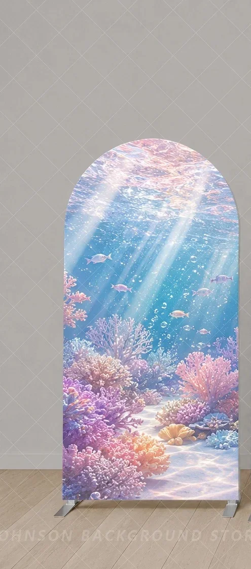 Under The Sea Arch Backdrop Cover Pink Blue Coral Reef Ocean Fish Three Panel Mermaid Birthday party Background