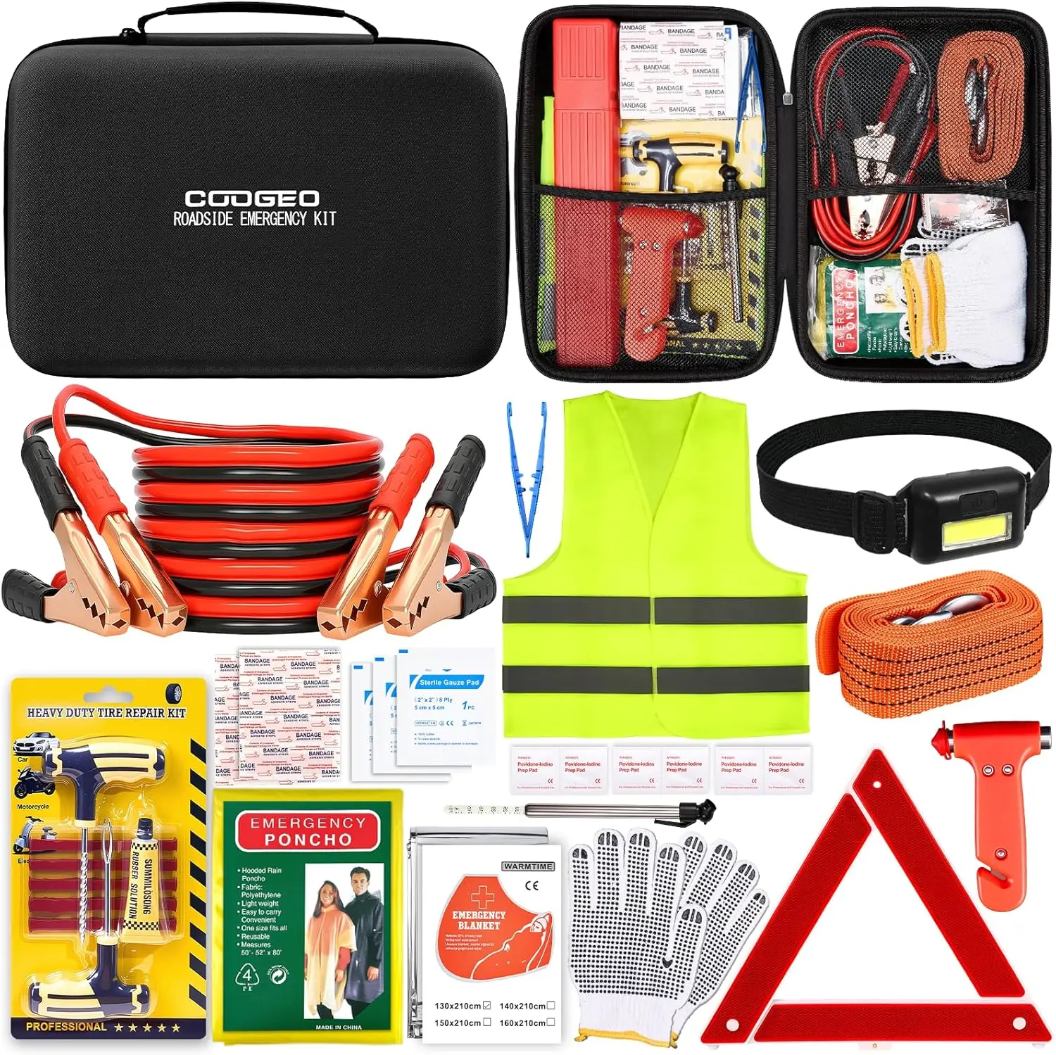 

15PC Car Emergency Kit with Jumper Cables, Tow Strap, Safety Hammer, First Aid for Auto & Truck