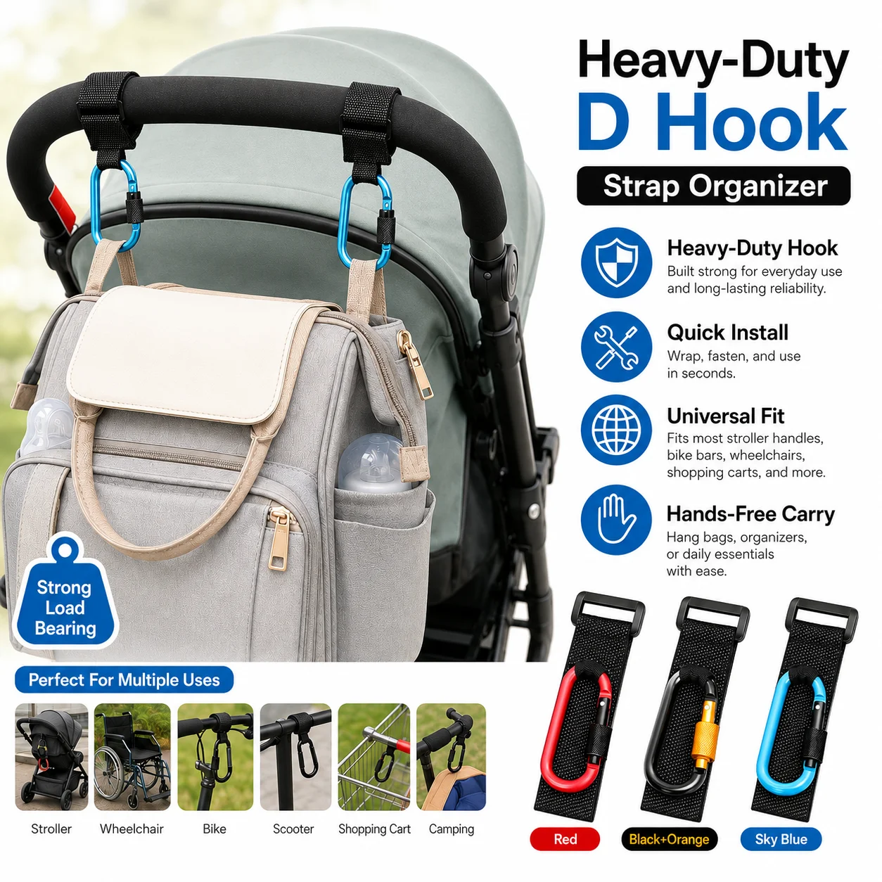 2/3PCS Heavy Duty Stroller Hooks D Shape Carabiner Clips with Adjustable Straps for Wheelchair Bike Scooter Cart