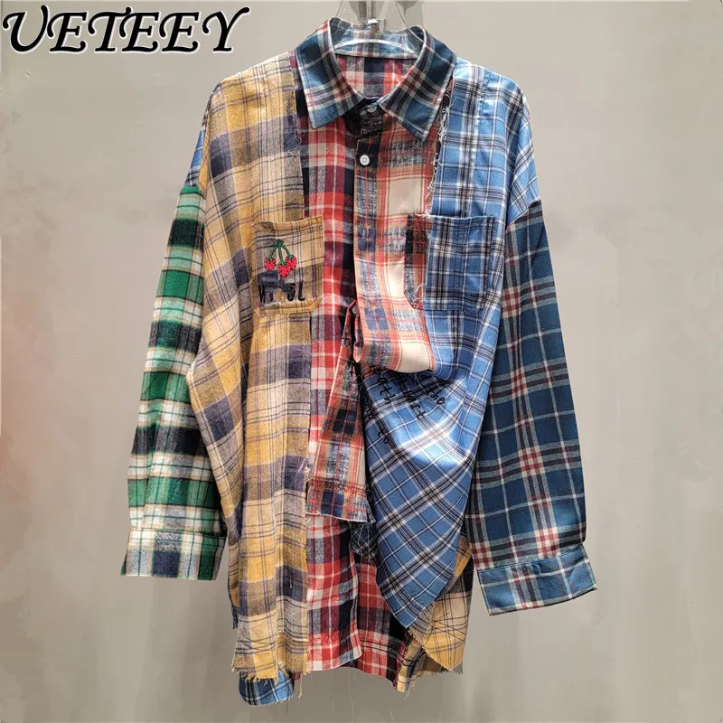 Hong Kong Style Retro Loose Casual Plaid Shirt Women's 2024 Autumn American Splicing Contrasting Color Design Hot Girl Top