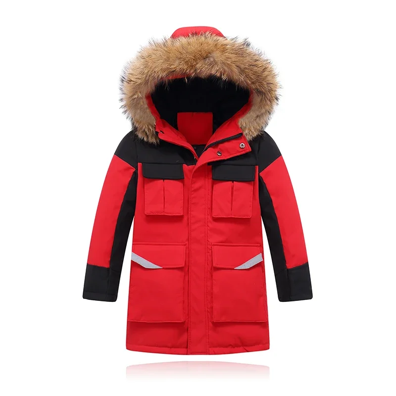 Boys Medium Length Down Jacket Thickened Blue Yellow Green Red Coat Big Childrens Kids Fur Collar Hooded Jacket Clothes Winter