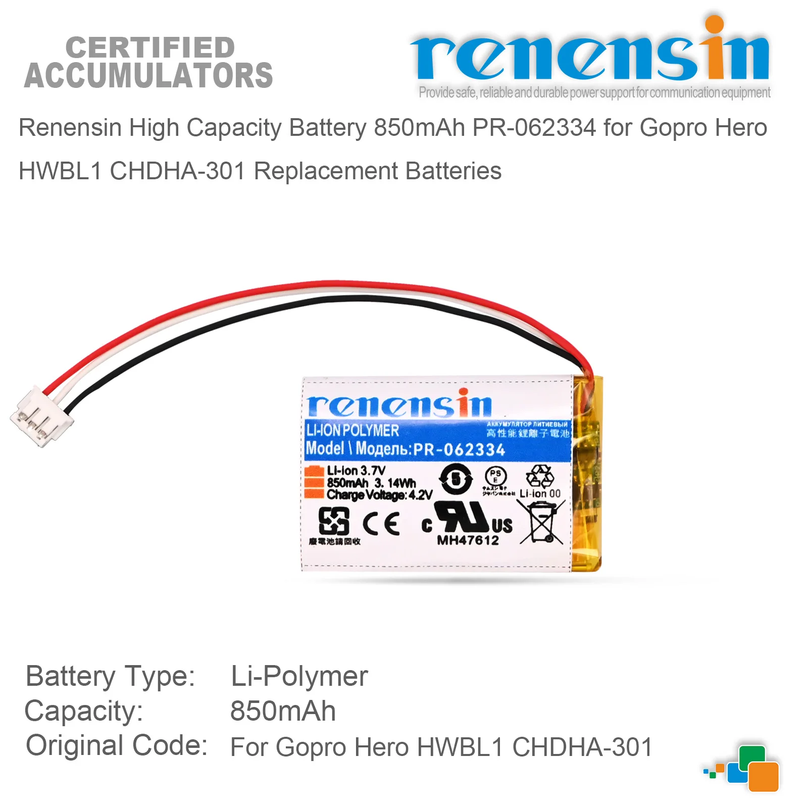 Renensin High Capacity Battery 850mAh PR-062334 for Gopro Hero HWBL1 CHDHA-301 Replacement Batteries