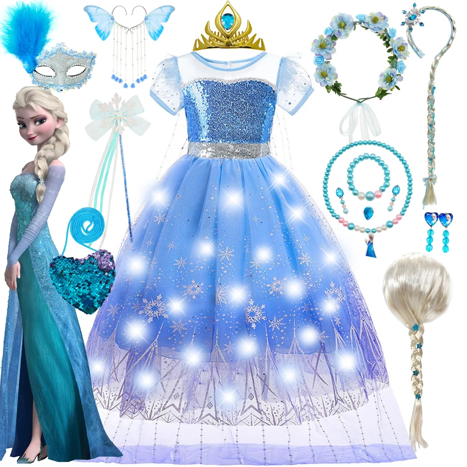 Frozen2 Princess  Elsa Dress Girls Party CosplaySequin Costume Snow Queen Print Birthday Carnival Gown Kids Bag Clothing 2-10T