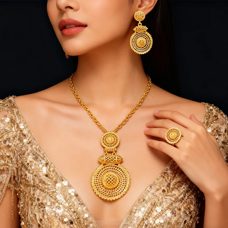 

Luxury Arabic Gold Wedding Jewelry Set Gold Plated Dubai Bridal Necklace Earrings Ring Nigeria Women Vintage Jewelrys Gift