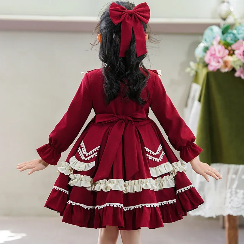 Wine Red Elegant Dress Kids Party Dresses for Girls Children Lolita Costume Spanish Court Tutu Princess Dresses Vestido