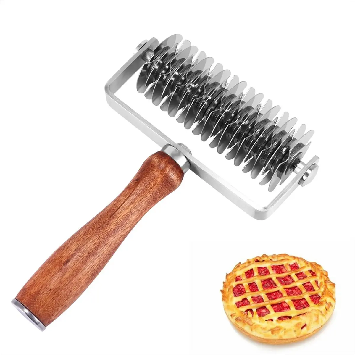 [Greatitem]Wooden Handle Dough Lattice Roller Cutter - Premium Stainless Steel for Perfect Cookies Pies Pizza Bread