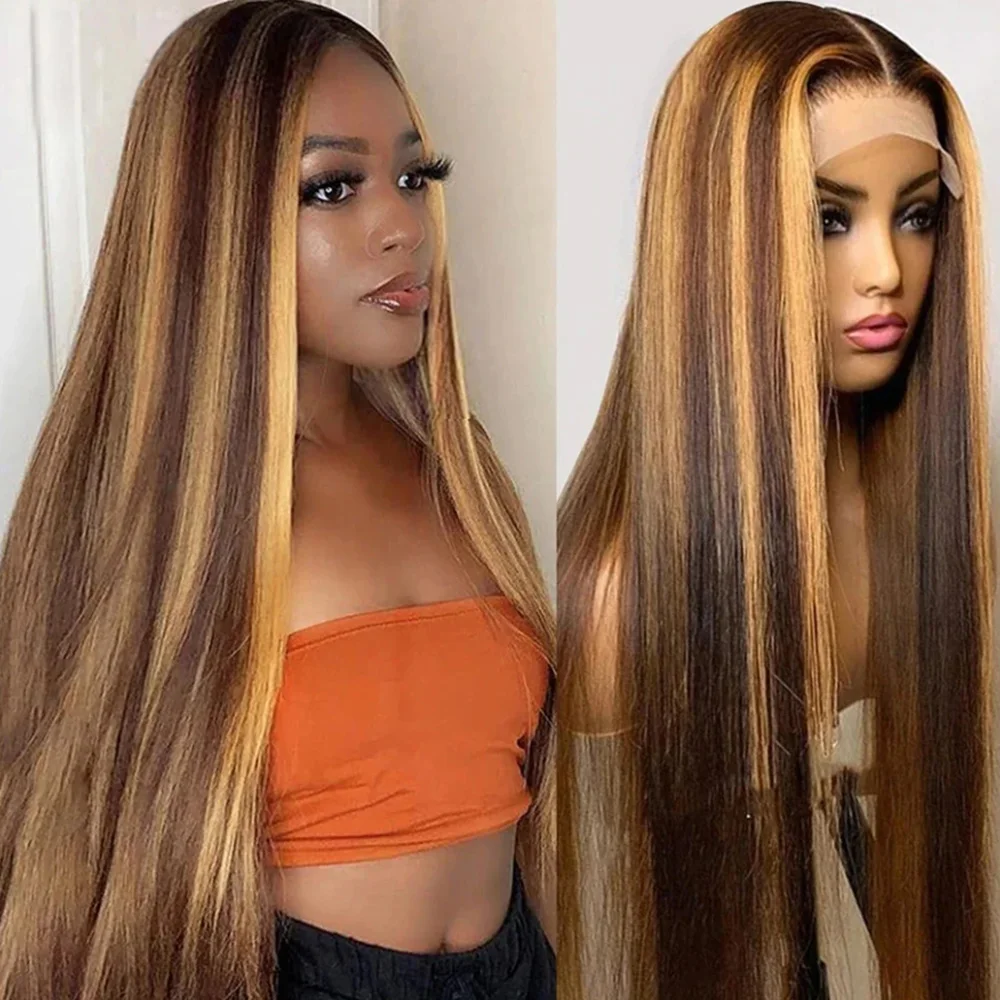 #4/27 200 Density Highlight Honey Blonde Colored Straight 13x6 HD Lace Front 36 Inch Wigs 100% Human Hair Front Wigs For Women