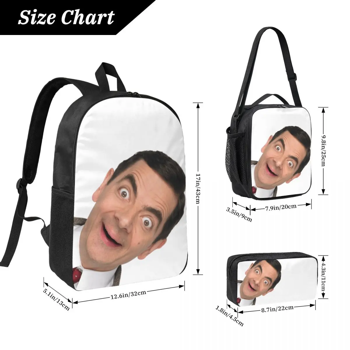 Mr. Bean กระเป๋าเป้สะพายหลังนักเรียนชายหญิง BookBag กระเป๋านักเรียนกระเป๋าสะพายคอมพิวเตอร์ 3ps ถุงอาหารกลางวันฉนวนดินสอกรณี