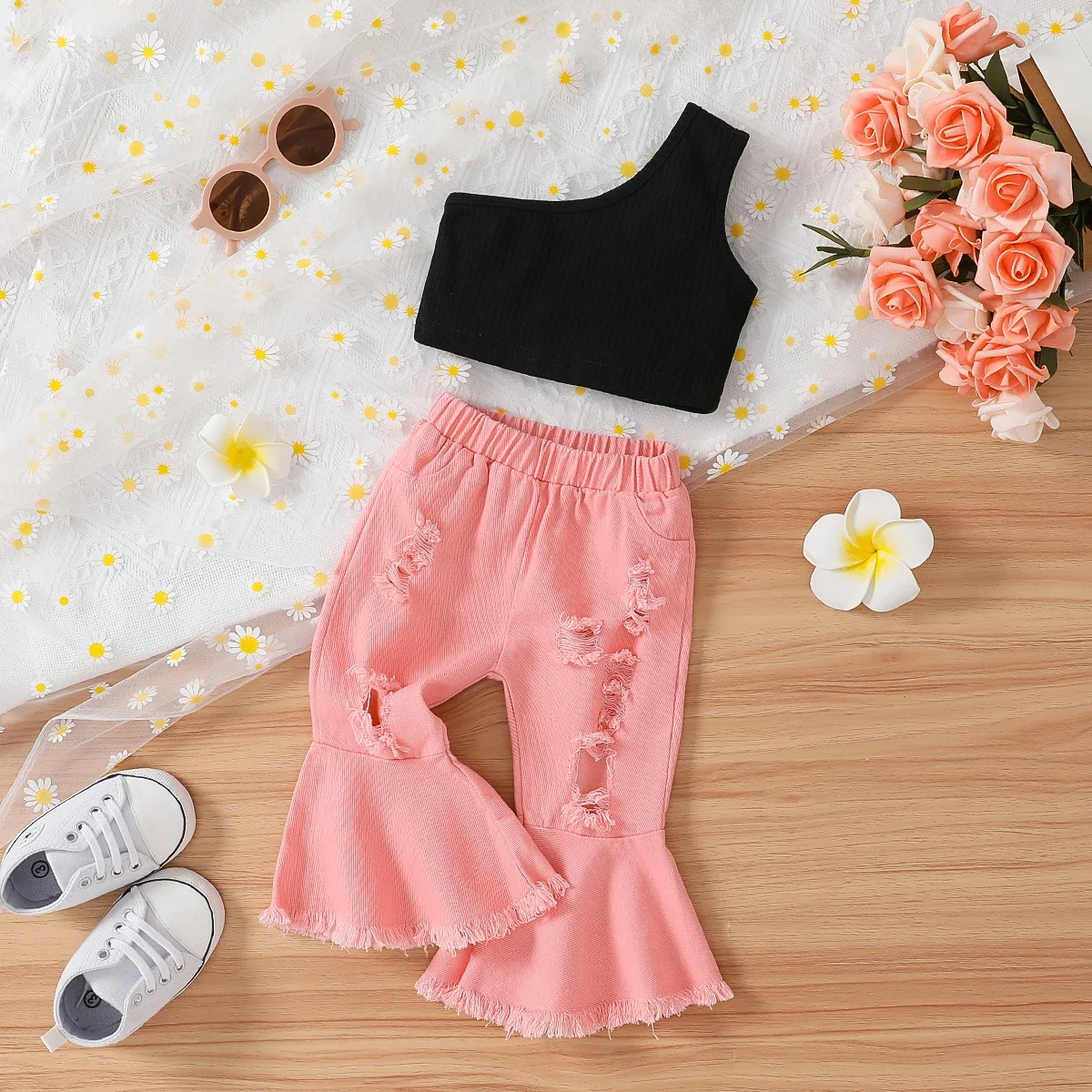 PatPat 2pcs Baby Girl 100% Cotton Ripped Denim Flare-sleeve Jeans and One Shoulder Crop Tank Top Set Suitable for Summer Season