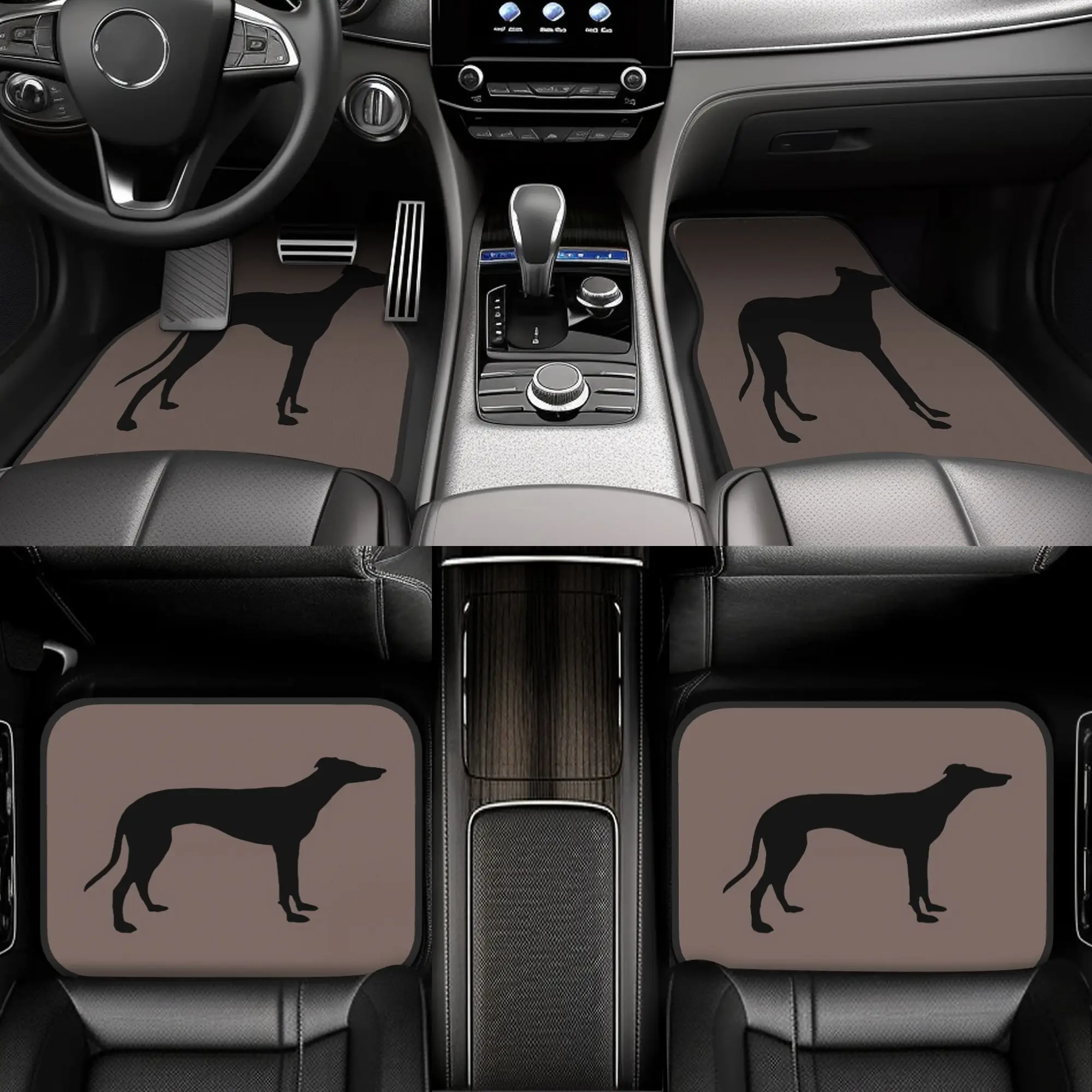 4pcs Black Sighthound Silhouette Car Floor Mats - Durable Polyester Fiber, Fit For Cars, Playful Design, Ideal Gift, Vehicle Int