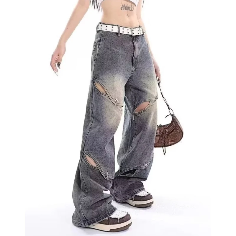 

Blue Women Jeans High Waist Fashion American Hollow Out Design Y2K Spliced Chic Wide Leg Jean Female Trouser Baggy Denim Pants