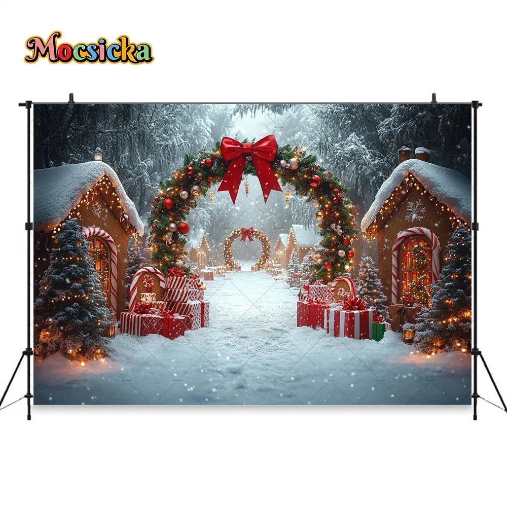 Fondo de casa de jengibre de Navidad fotografía País de las Maravillas bastón de caramelo arco flor de Navidad puerta nieve telón de fondo estudio fotográfico de invierno