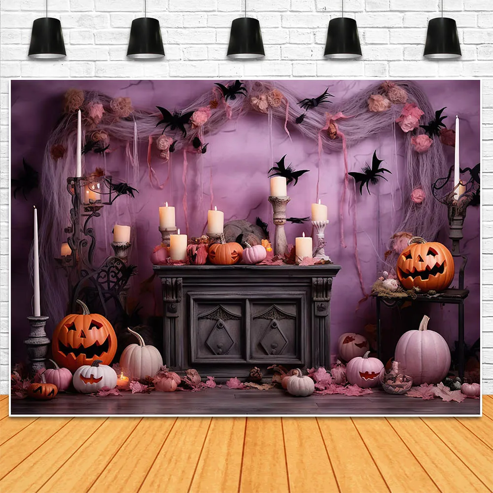 Mocsicka Photography Background Halloween Party Decorations Purple Wall Evil Pumpkin Bat Kids Portrait Backdrop Photoshoot Props