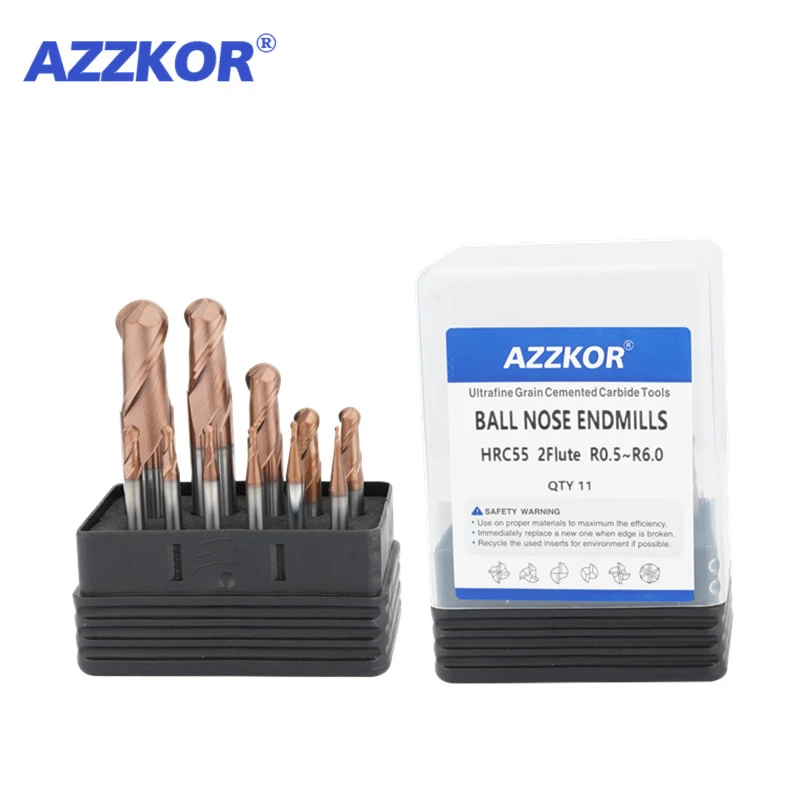 

AZZKOR R0.5-R6.0 11PCS-Set Tungsten Steel Ball Nose Cutter HRC55 2-Flute Carbide Endmill CNC Machining Center Milling Tools