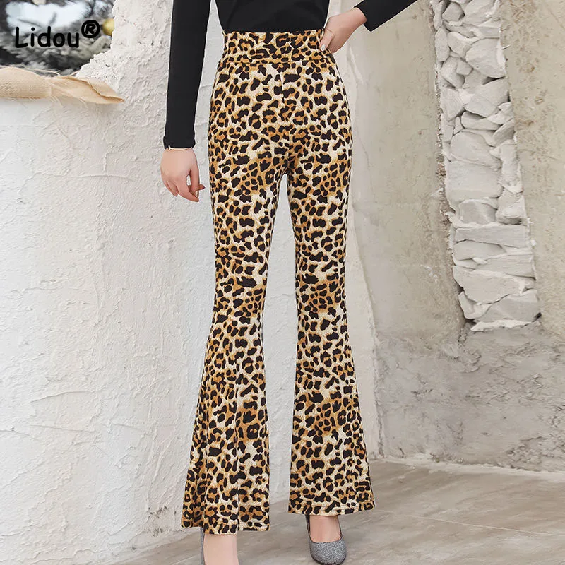 

Women's Clothing Sexy Leopard Slim Flare Pants Spring Summer Fashion Casual Female Elastic High Waist Printing Vintage Trousers