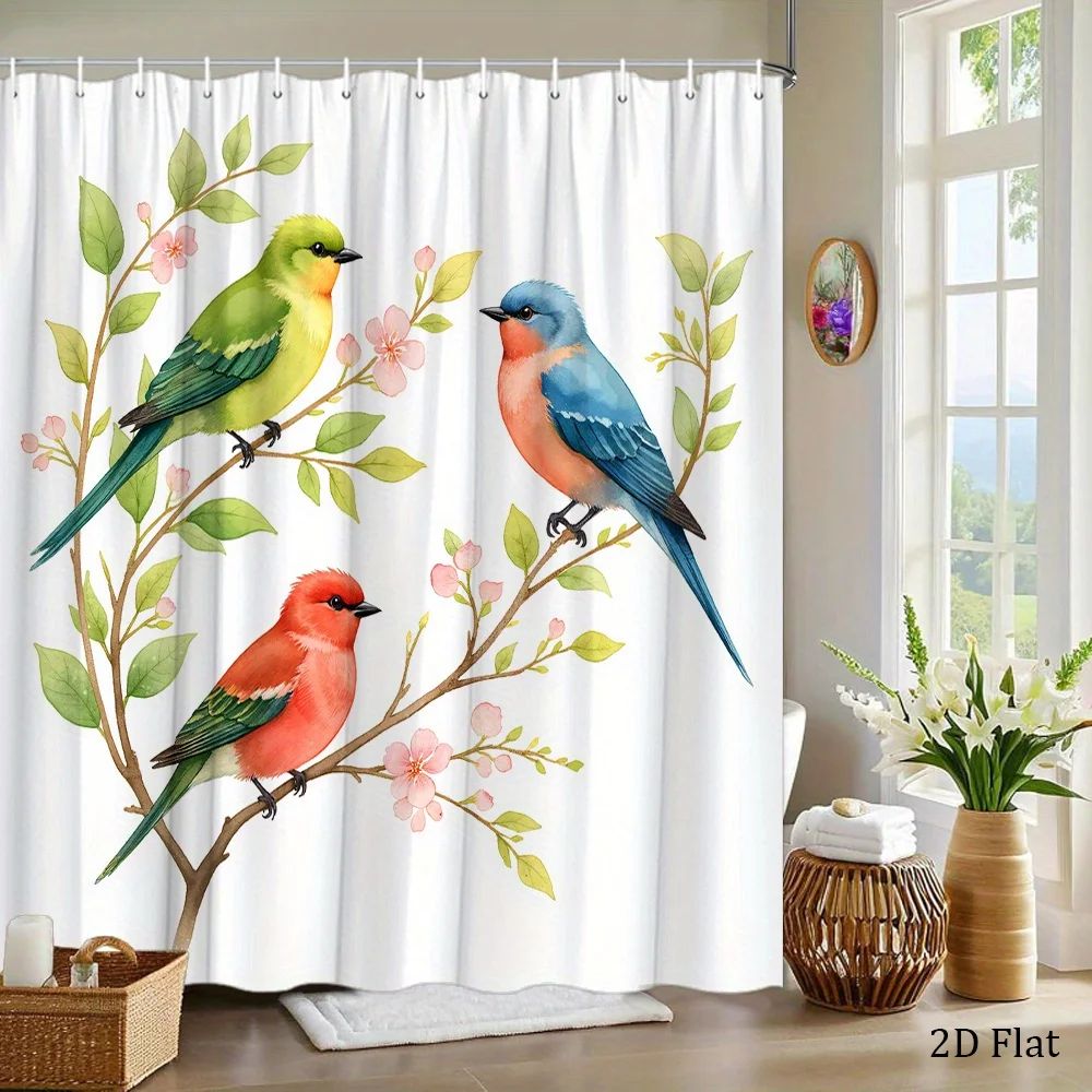 1pc Birds Shower Curtain Colorful Birds with Pink Flowers and Drooping Branches White Background Whimsical Elegant Bathroom Deco