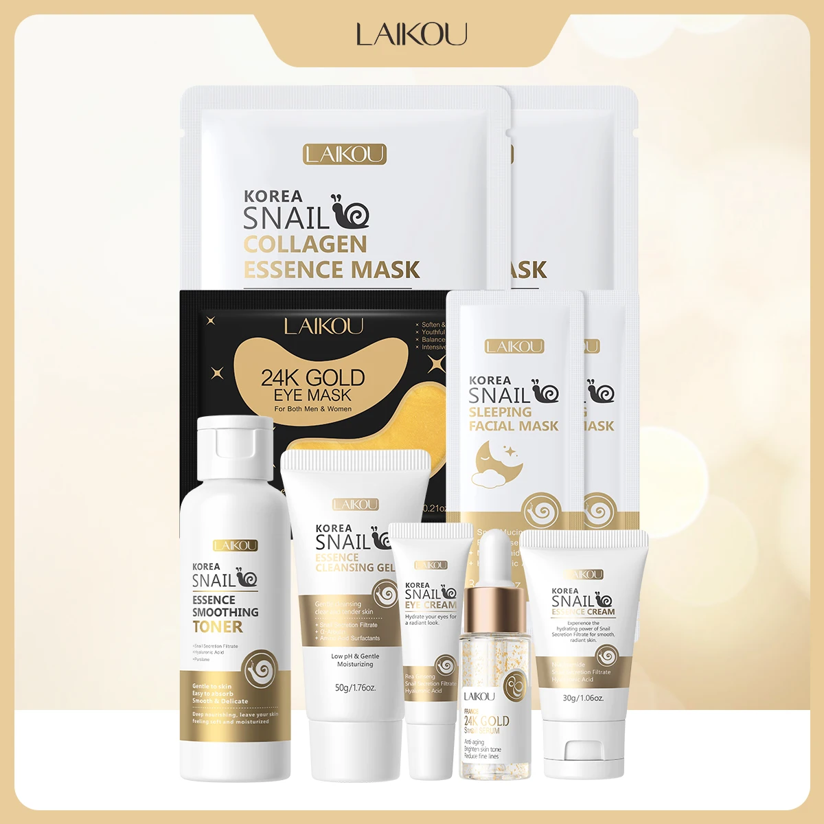 LAIKOU Snail 24K Gold Skincare Kit Snail Secretion Collagen Hyaluronic Acid Niacinamide Firming Brightening Full Face Care Set