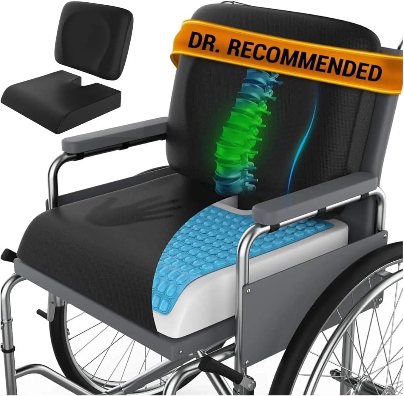 Pressure Relief Wheelchair Cushion 2-Piece Set, 18x16 Anti-Slip Gel Seat Pad with Lumbar Pillow & Strap for Adults Seniors
