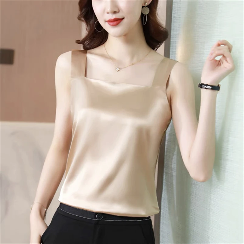 Spring Summer New Style Tank Tops Women Solid Satin Sleeveless Square Collar Loose T Shirt Ladies Vest Slim Clothes 10 Colors