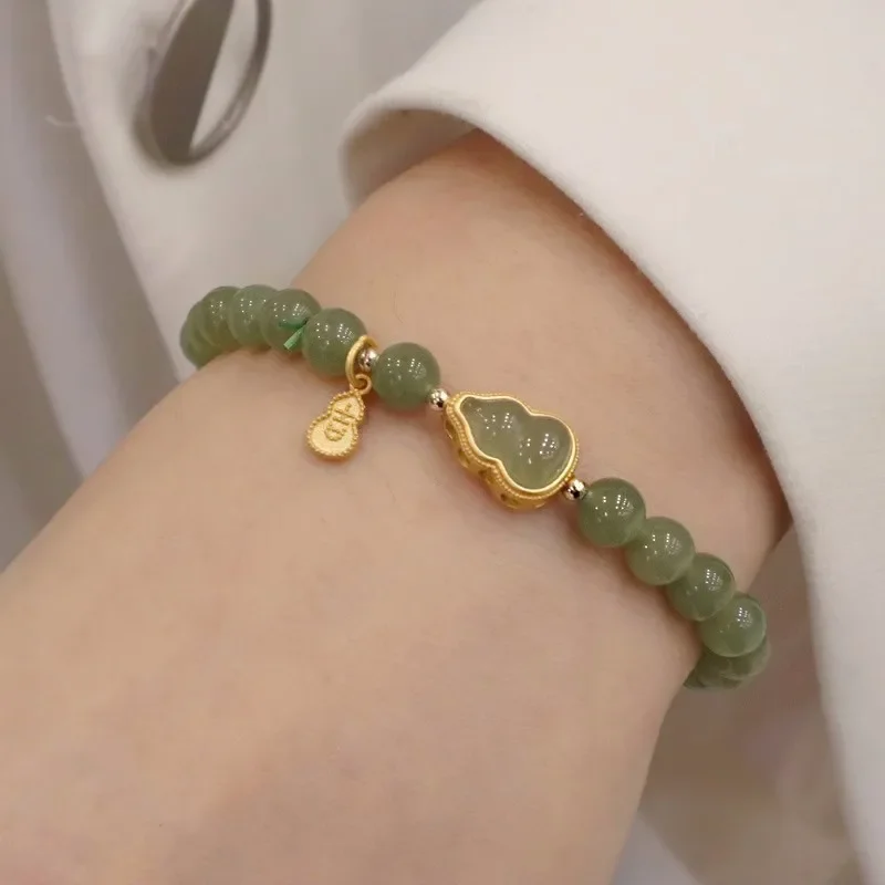 

Classical Natural Hotan Jade Green Gourd Beaded bracelet for women Female Fresh Light luxury bangles Party Jewelry gift