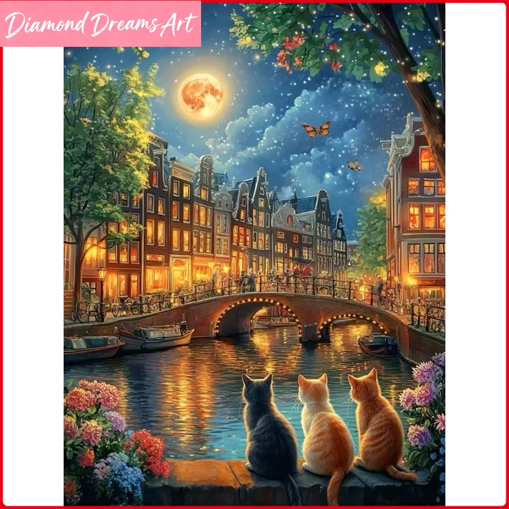 5D DIY Diamantmalerei Katze Fluss Mond Diamant-Mosaik Landschaft Komplettset Wanddekoration, Rahmenlos