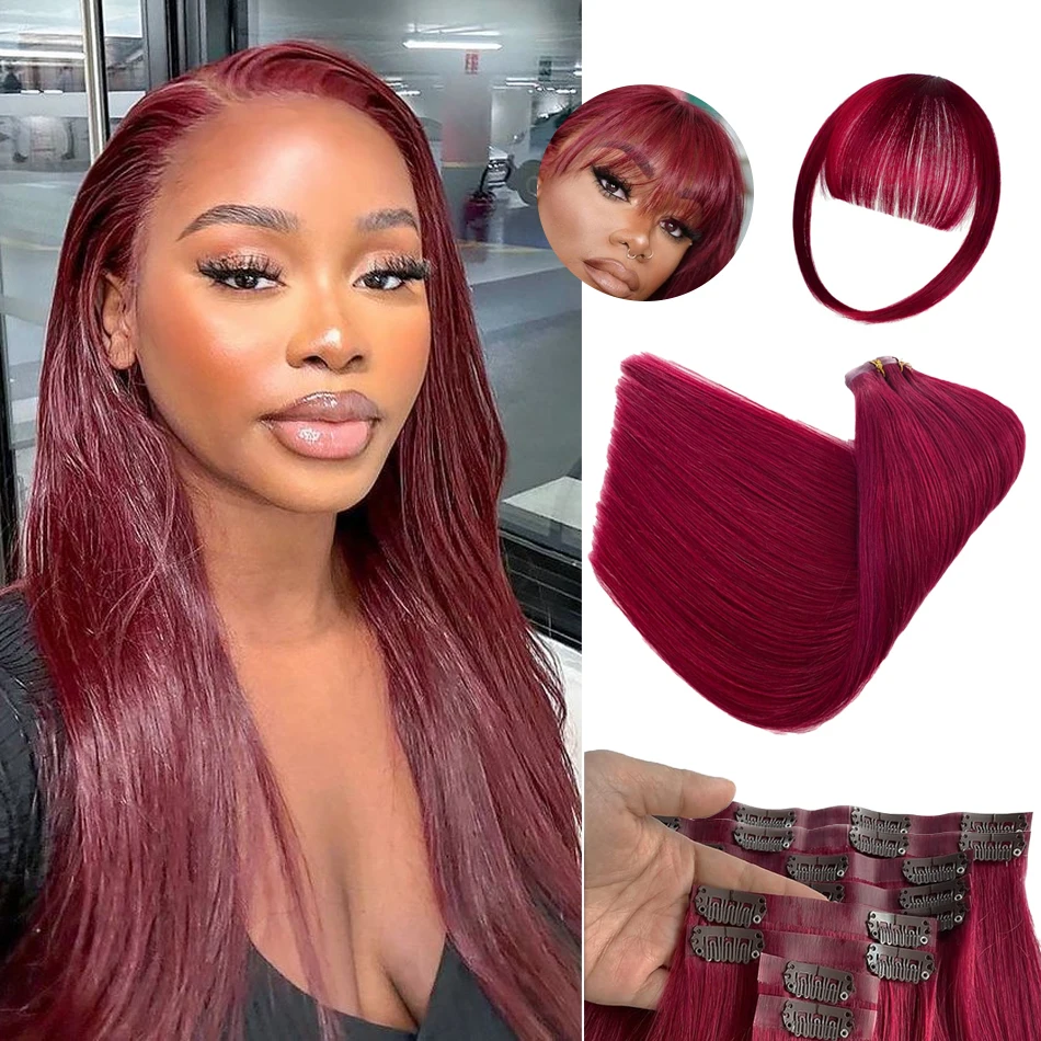 99J Straight 26 Clips in Human Hair Extensions Brazilian Remy Hair Red Colored Clip In 100% Natural Human Hair 10Pcs For Women