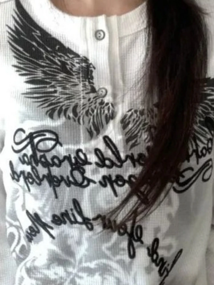 اليابانية خمر الجناح إلكتروني الطباعة عادية تيز الشارع الشهير Bodycon سليم صالح بلايز Harajuku الخريف المرأة الجرونج تي شيرت