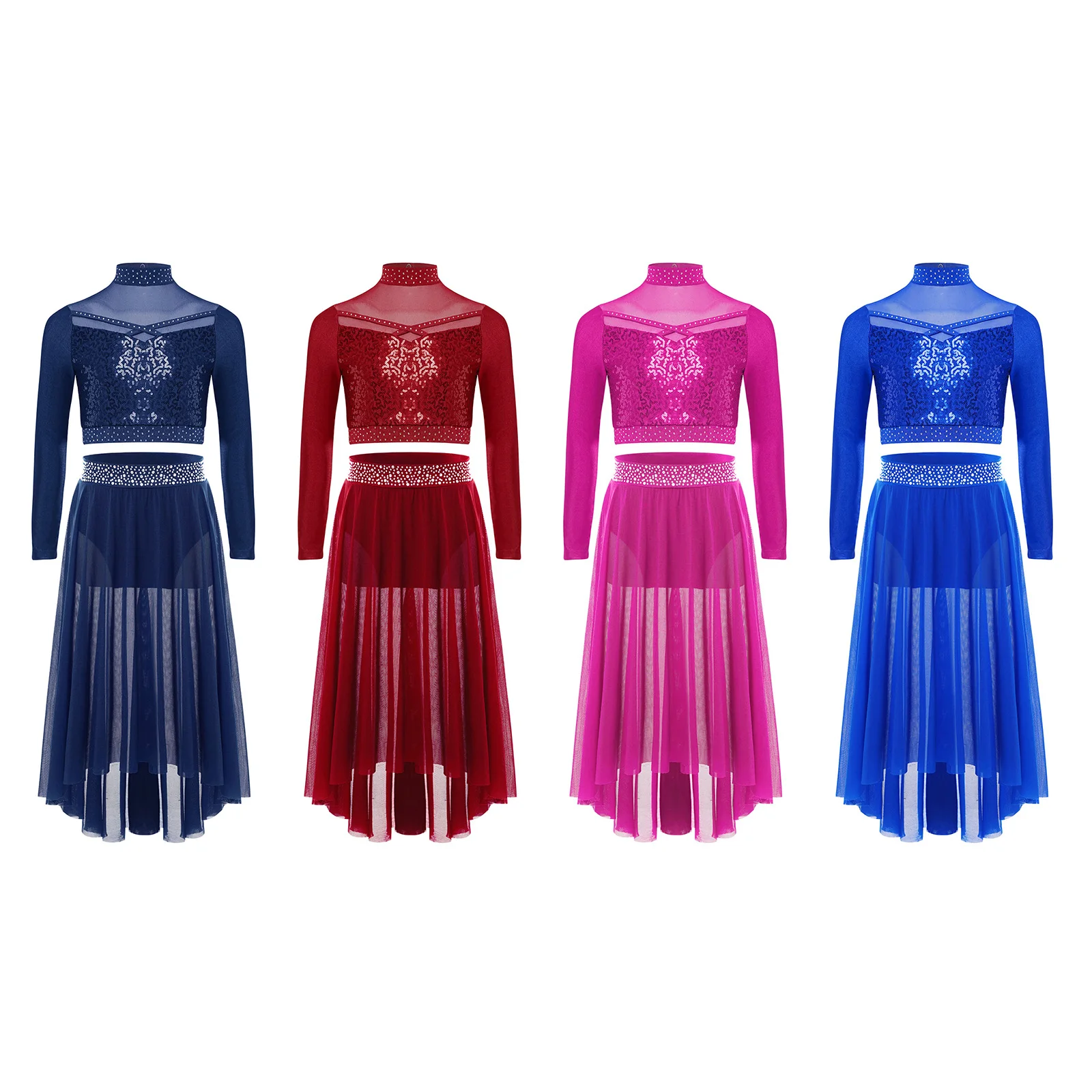 

Kids Girls Rhinestones Ballet Lyrical Dance Outfit Sequins Crop Top with High-Low Leotard Skirt Gymnastics Ice Skating Costumes