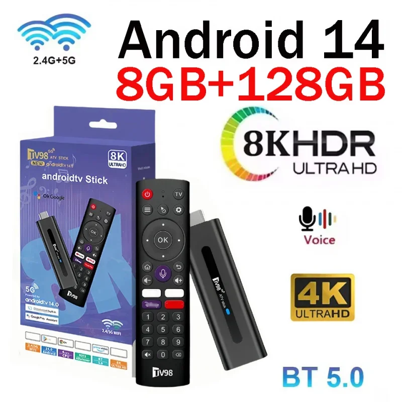TV98 ATV Stick 8K 4K HD, Compatible con Video BT5.0, WiFi6 Dual, 4G 5G, Control Remoto por Voz, Allwinner H313 Quad Core, Smart TV Stick 8GB 128GB para