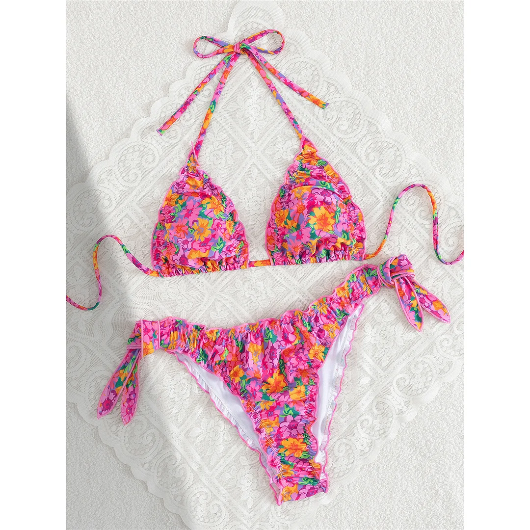 S - XL, Blumenmuster, Neckholder-Bikini, Damen-Badebekleidung, zweiteiliger Bikini, Badeanzug, Badebekleidung, Modell V8104. – Detail 6