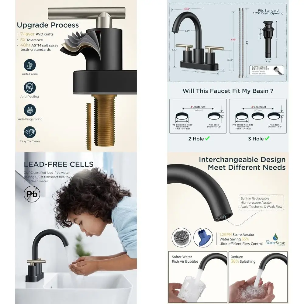

4 Matte Black RV Sink Faucet with 2 Handles, Pop-Up Drain, 24 Water Hoses, 360° Swivel Spout