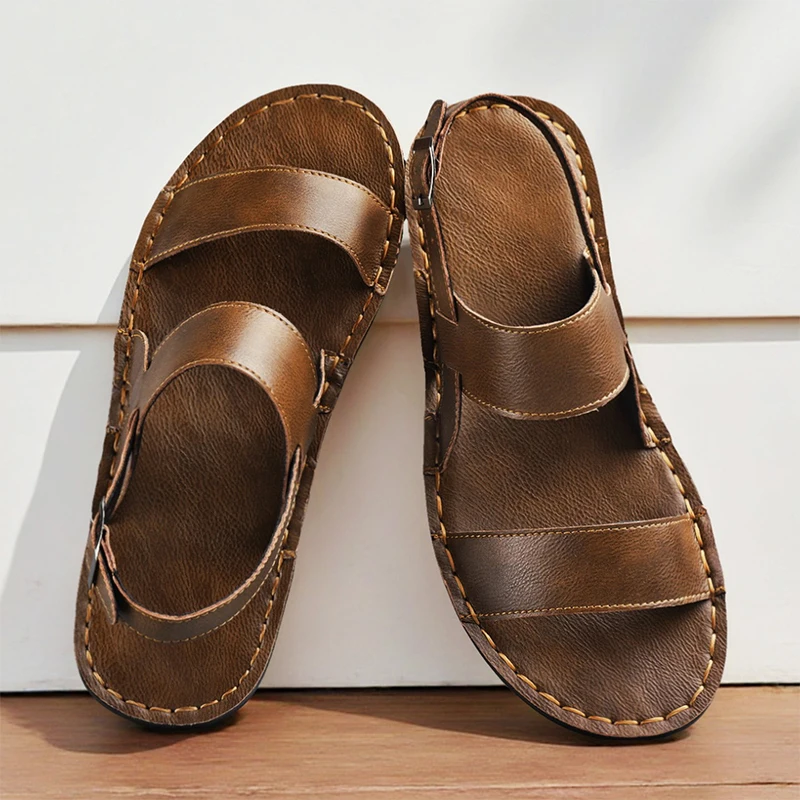 

Мужские удобные коричневые кожаные сандалии больших размеров 38-48 с регулируемым ремешком, открытый носок, повседневная обувь, универсальные шлепанцы на плоской подошве