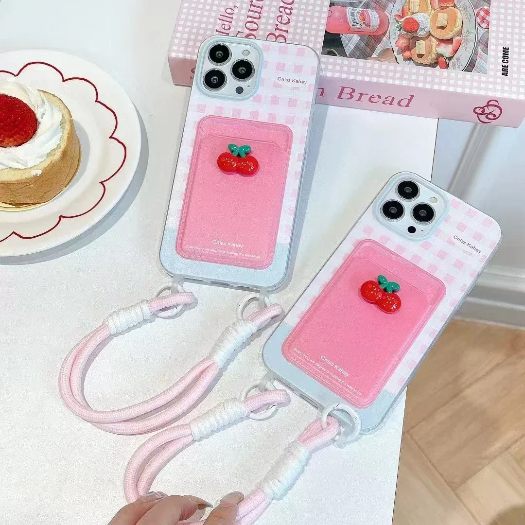 

Compatible with Apple iphone15 Card pocket Case 14PLUS XS 12 13Mini 11 15pro Max XR 6s 7 8 Plus SE Lanyard Cartoon Pattern Cover