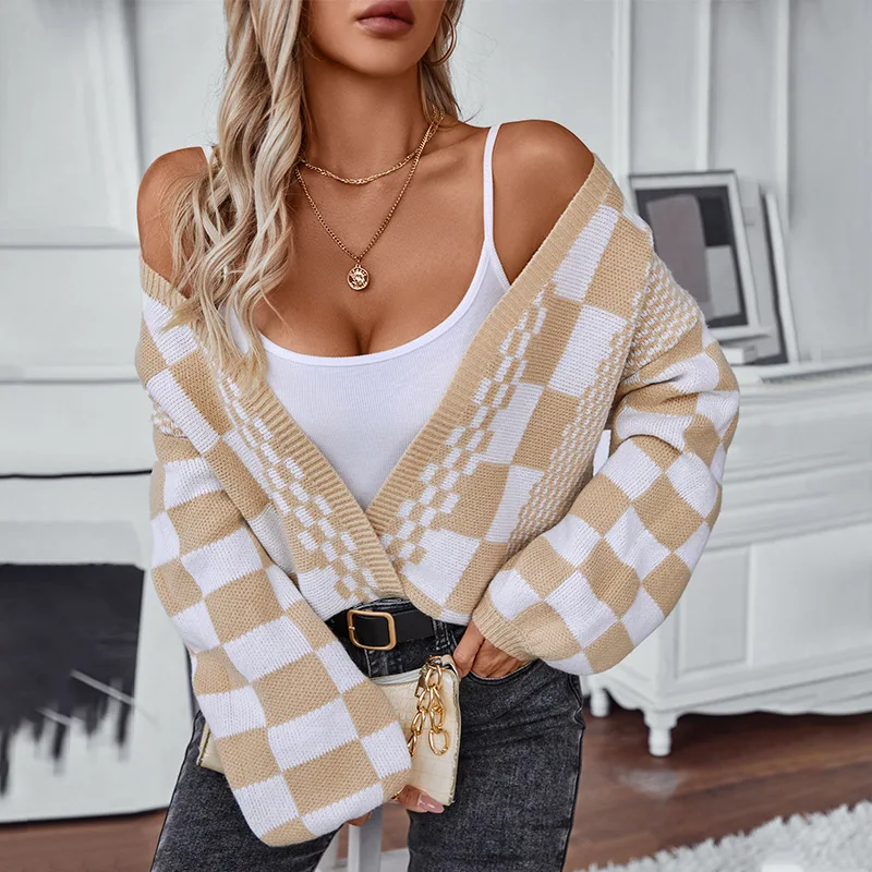 

Women's cardigan sweaterColor blocking grid pattern Spring/ autumn/winter loose casual jacket knitted long sleeved top basic