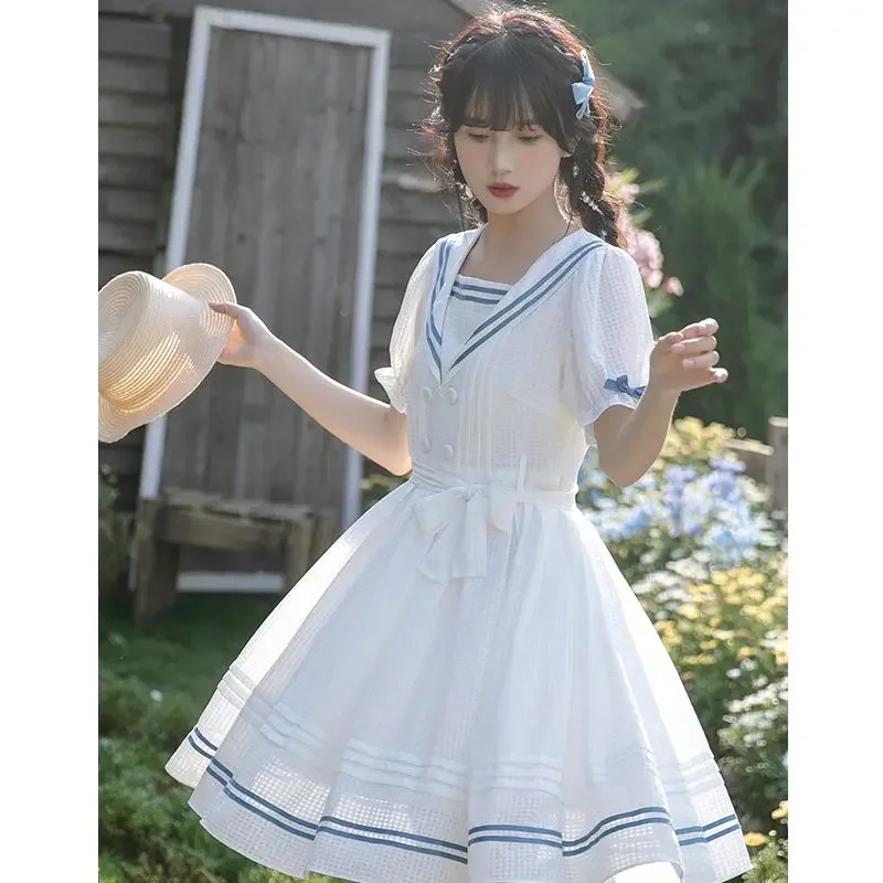 MAGOGO JK Uniform Japanese Sweet College Style Dress Student Navy Collar Puff Sleeve Cute Bow Lacing UP Summer Dress Fow Women