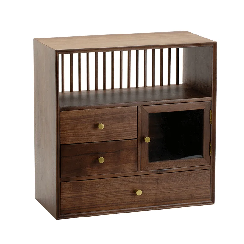 Black walnut, desktop storage cabinet, multi-layer with drawers, solid wood storage cabinet